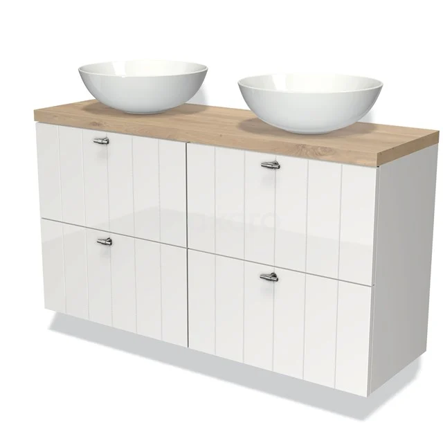 Weiße Badmöbelset mit doppeltem Aufsatzwaschbecken, Holzlook Platte und modernen Schränken, ideal für stilvolle Badezimmergestaltung.