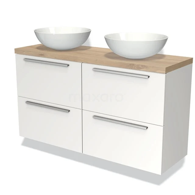 Witte badkamermeubelset met vier lades, houten blad en twee ronde waskommen, ideaal voor een moderne badkamerstijl.