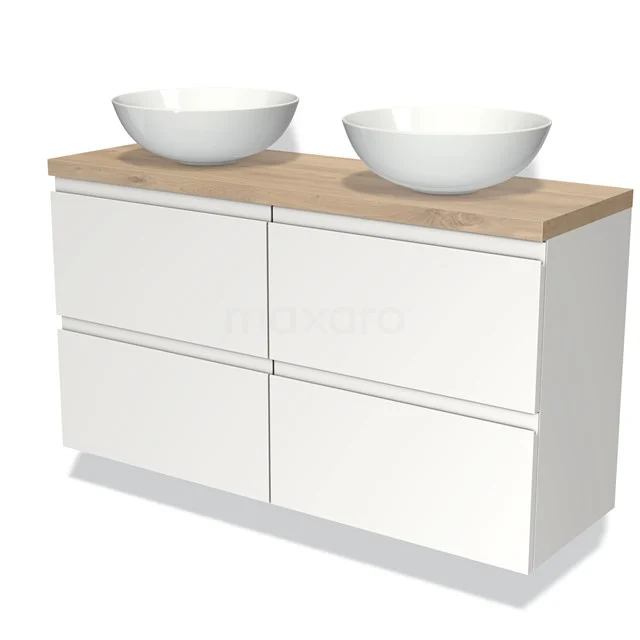 Modulo Plato Slim Badmöbel mit Aufsatzwaschbecken | 120 cm Matt Weiß Grifflos front Hellbraune Eiche blatt 4 Schubladen BMK38-00278 Weiße Badmöbelset mit Holzlook Platte, doppelten Aufsatzwaschbecken und Softclose Schubladen; stilvolles und modernes Design.