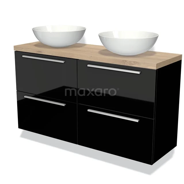 Schwarze Badmöbelset mit Holzlook Platte und doppelten Aufsatzwaschbecken, moderne Designserie für stilvolle Bäder.