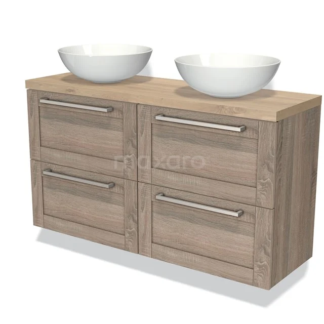 Badmöbel für Aufsatzwaschbecken 120cm Modulo Plato Slim Eiche 4 Schubladen Rahmen Hellbraune Eiche Platte BMK38-00286 Eichen Badezimmermöbel mit doppelten Aufsatzwaschbecken, Softclose Schubladen und modernen Metallgriffen.