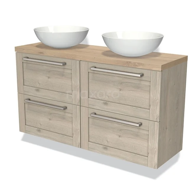 Houten badkamermeubel met dubbele wastafel, vier lades en modern design, ideaal voor stijlvolle badkameropslag.