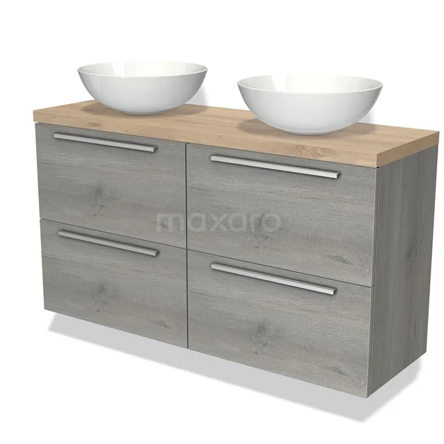 Badkamermeubel houtlook met twee witte waskommen, vier lades en metalen grepen; stijlvol en functioneel voor elke badkamer.