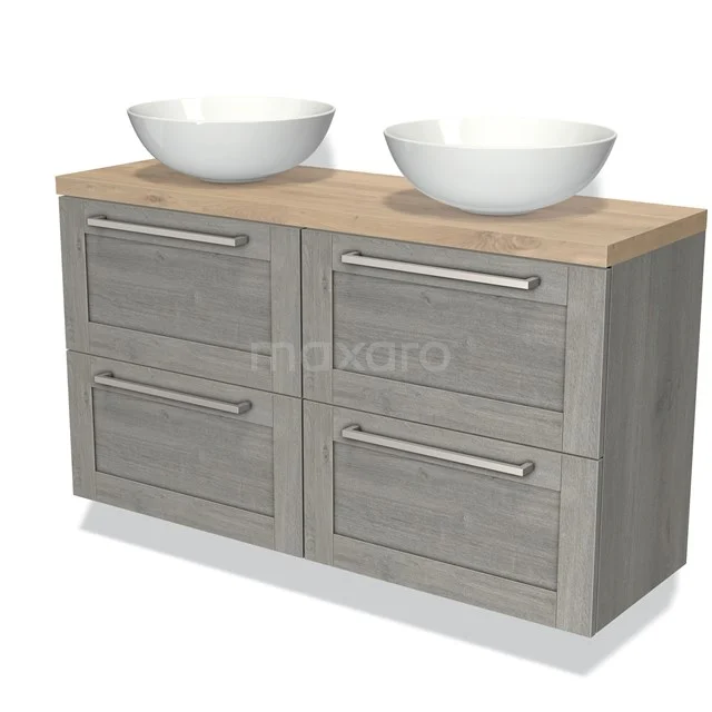 Badkamermeubel met grijze houtlook, vier lades en een eiken blad, inclusief twee witte waskommen voor een stijlvolle uitstraling.