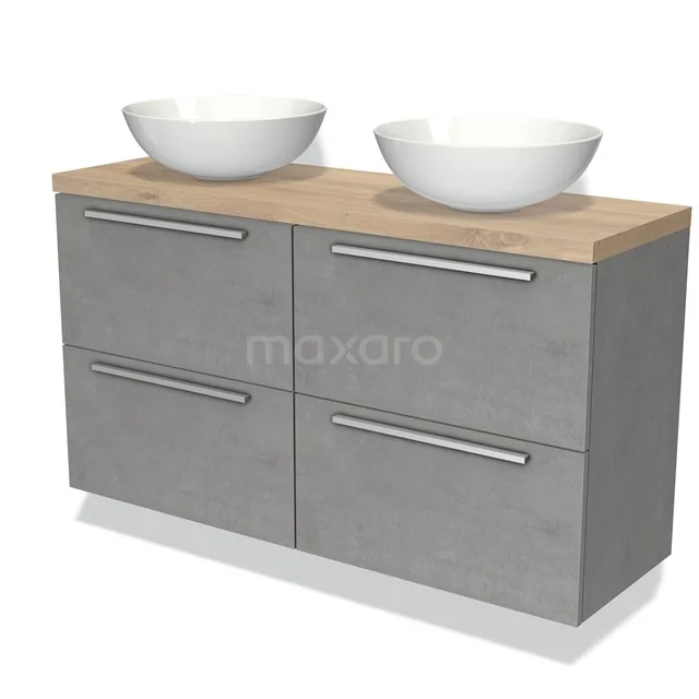 Graue Badmöbelset mit Holzoptik Platte, doppeltem Aufsatzwaschbecken und modernen Haltegriffen, ideal für ein stilvolles Badezimmer.