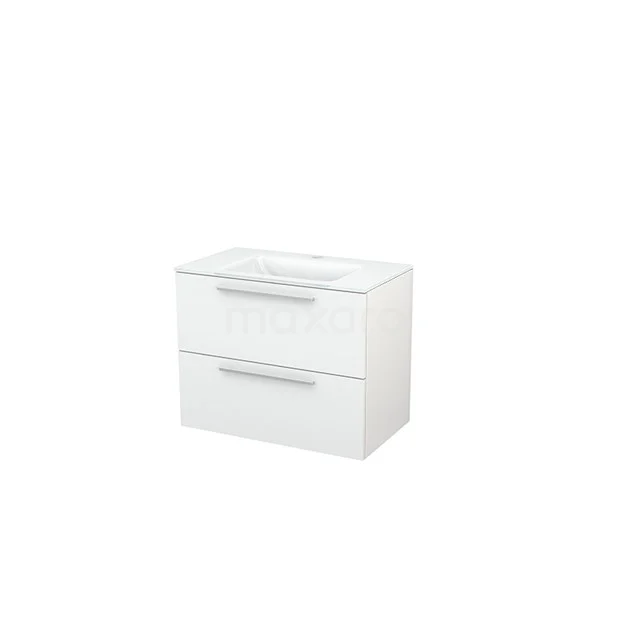 Modulo+ Vanity units with basin | 80 cm High-gloss white Flat front Glass 2 Stacked drawers BMP002672 White bathroom unit with two drawers, glossy surface, modern design, ideal for bathroom storage and organised convenience.