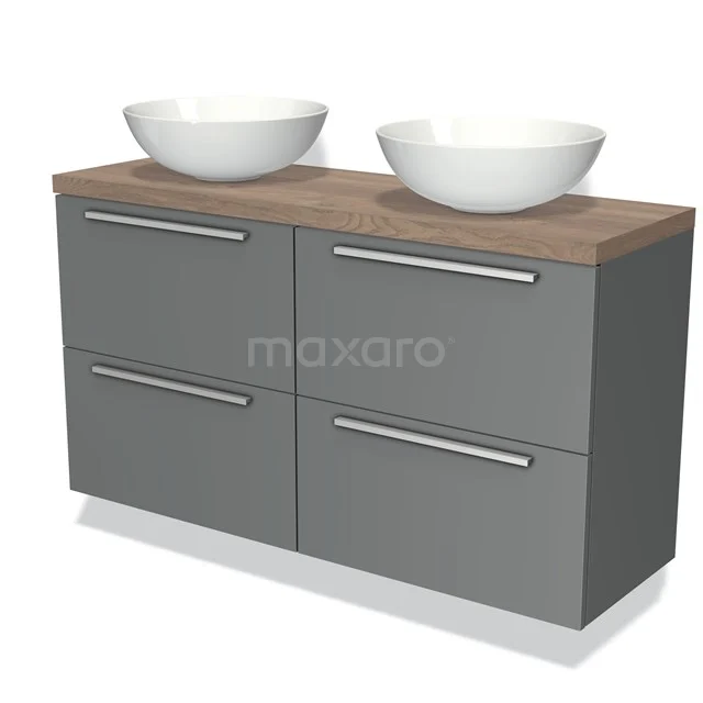 Grey bathroom furniture set with wood-look worktop, double basin and sleek drawer handles, ideal for modern bathrooms.