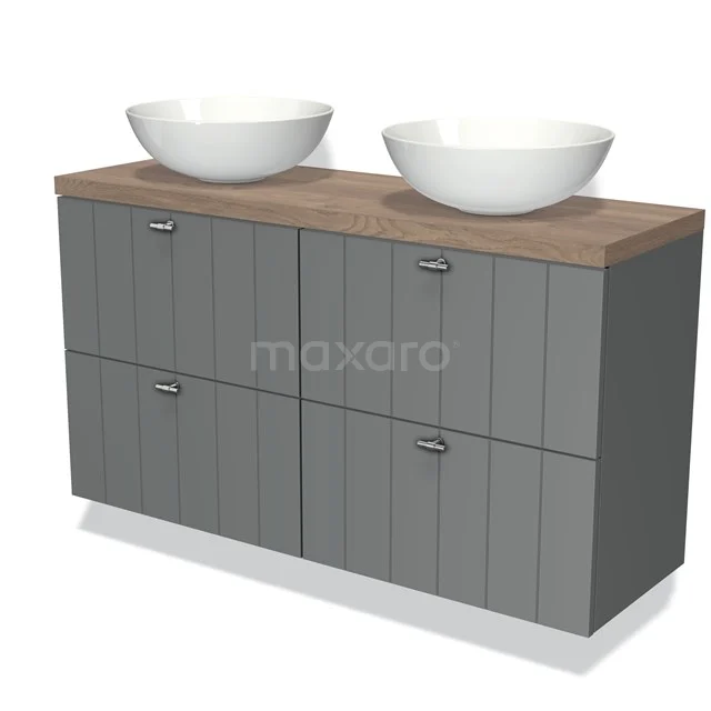 Grey vanity set with double countertop wash basin, wooden worktop and modern grooves, ideal for stylish bathroom storage.