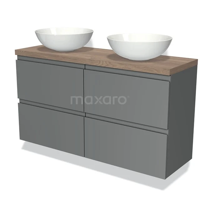 Modulo Plato Slim Vanity units for countertop basin | 120 cm Mid grey Handle-less front Mid brown oak worktop 4 drawers BMK38-00302 Grey bathroom furniture set with double wood-look basin worktop and two white countertop wash basins.