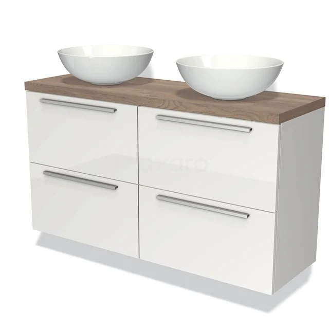 Weißes Badezimmermöbel mit zwei keramischen Aufsatzwaschbecken und einer Holzoptik Platte, perfekt für einen modernen Stil.