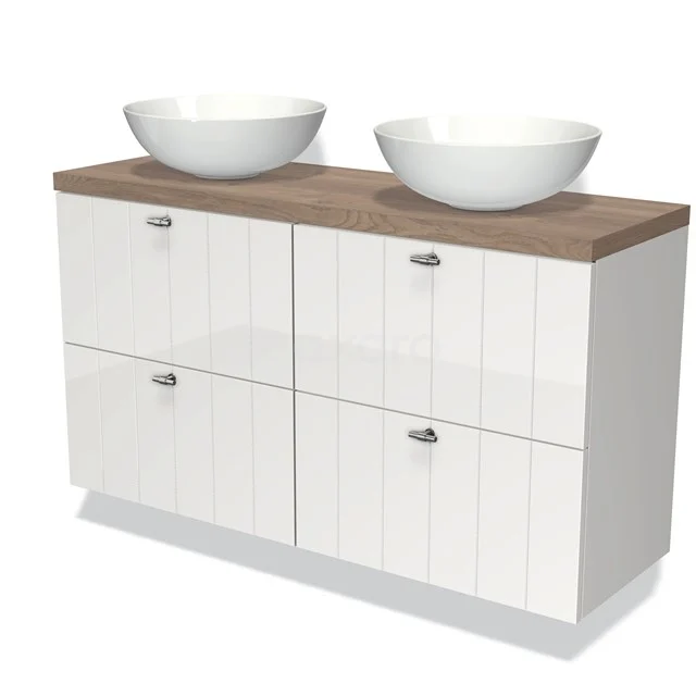 Wit houten badkamermeubel met vier lades, dubbele keramische waskommen en een natuurlijke houtlook bovenblad.