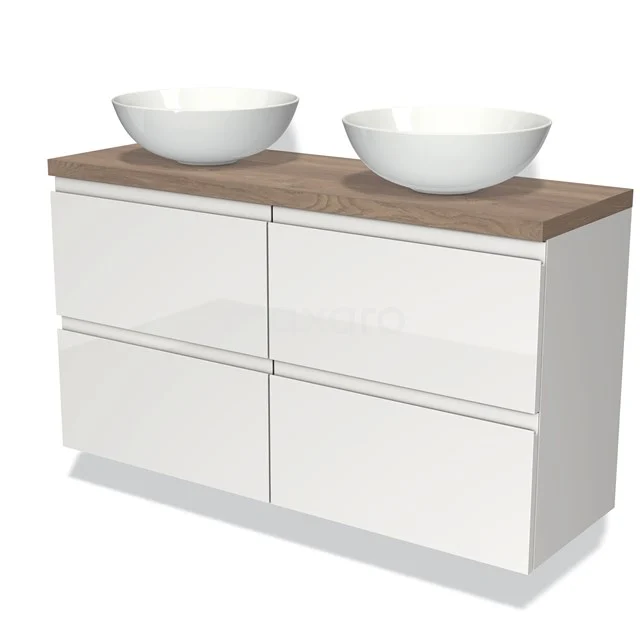 Waschtischunterschrank mit Konsole 120cm Modulo Plato Slim Hochglanz Weiß 4 Schubladen Grifflos mittelbraune Eiche Platte BMK38-00305 Weißes Holz-Doppel-Badezimmermöbel mit vier Schubladen und zwei Aufsatzwaschbecken, Oberseite aus warmer Eiche.