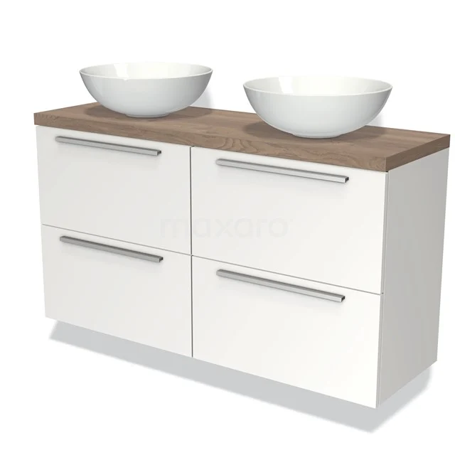 Modulo Plato Slim Badmöbel mit Aufsatzwaschbecken | 120 cm Matt Weiß Flach front Mittelbraune Eiche blatt 4 Schubladen BMK38-00306 Weiße Badmöbelset mit Holzlook Platte, doppelter Schalenwaschbecken und vier Schubladen für stilvollen und praktischen Stauraum.