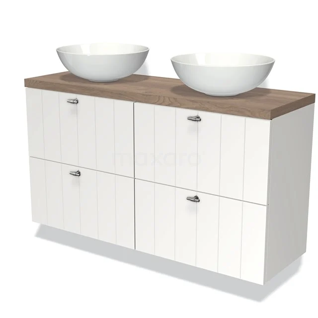 White bathroom unit with double countertop wash basins, wood-look worktop and fluted cabinet doors, ideal for a stylish bathroom.