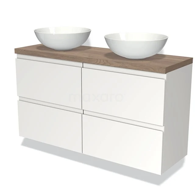 Waschtischunterschrank mit Konsole 120cm Modulo Plato Slim Matt Weiß 4 Schubladen Grifflos mittelbraune Eiche Platte BMK38-00308 Weißes Badezimmermöbel mit Naturholzplatte und zwei runden Aufsatzwaschbecken, modernes Design und geräumigen Schubladen.