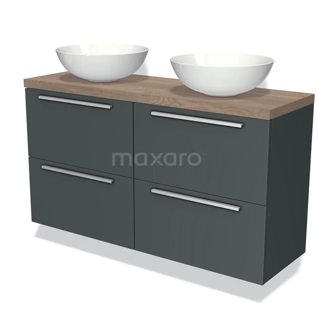 Grijs badkamermeubel met houtlook blad, dubbele witte waskommen en vier lades, ideaal voor moderne badkamers.