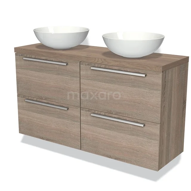 Houten badkamermeubel met twee keramische waskommen, dubbel ladeontwerp en moderne metalen handgrepen.