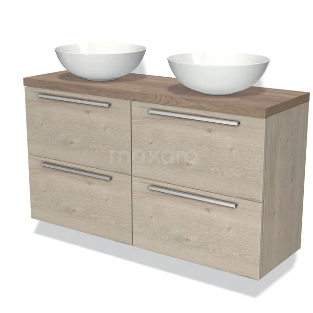 Houten badkamermeubel met twee witte, ronde waskommen; moderne look met vier lades en een stijlvolle houtnerf afwerking.