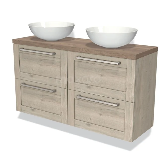 Badmöbel für Aufsatzwaschbecken 120cm Modulo Plato Slim hellgraue Eiche 4 Schubladen Rahmen mittelbraune Eiche Platte BMK38-00318 Badmöbel mit doppeltem Aufsatzwaschbecken, Holzlook-Design, vier Schubladen und metallischen Griffen; perfekt für ein modernes Badezimmer.