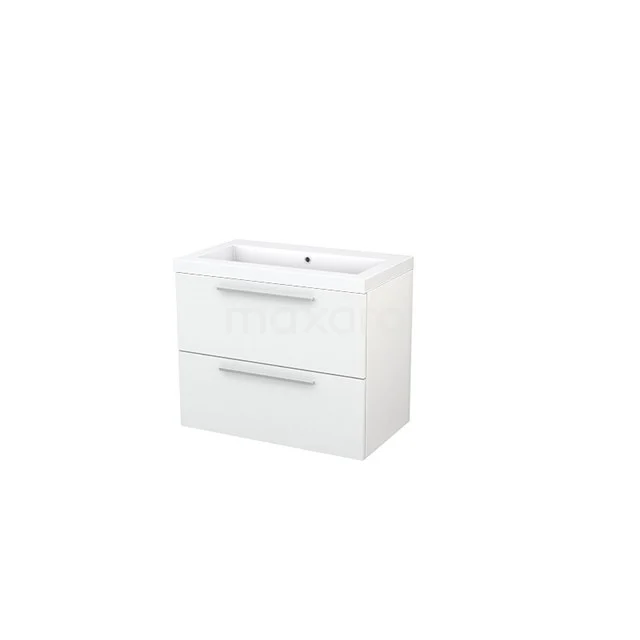 White bathroom unit with two drawers, modern finish, including ceramic basin; ideal for practical bathroom storage.