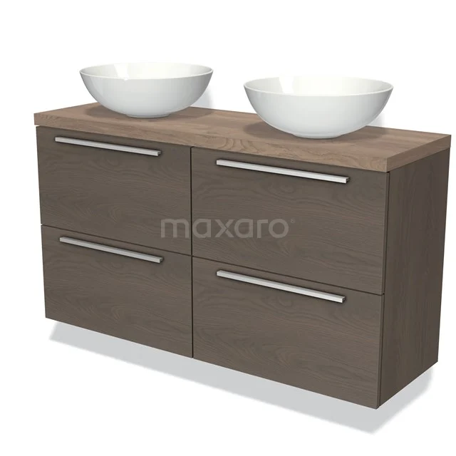 Badmöbel für Waschtischunterschrank mit Konsole 120cm Modulo Plato Slim dunkelbraune Eiche 4 Schubladen Flach mittelbraune Eiche Platte BMK38-00321 Modernes Holz-Badezimmermöbel mit doppeltem weißen Aufsatzwaschbecken, vier Schubladen und eleganten silberfarbenen Haltegriffen. Perfekt für ein stilvolles Badezimmer.
