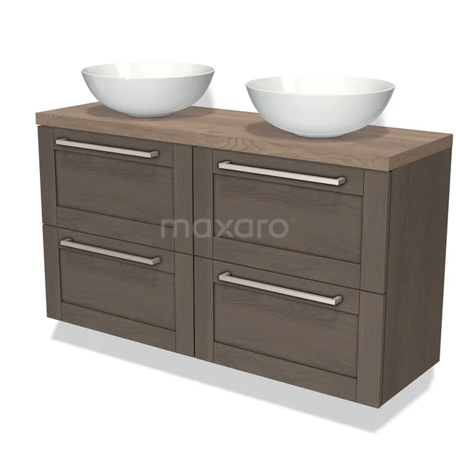 Houten badkamermeubel met dubbele wastafel, donkerbruin ontwerp met witte kommen, modern en stijlvol voor elke badkamer.