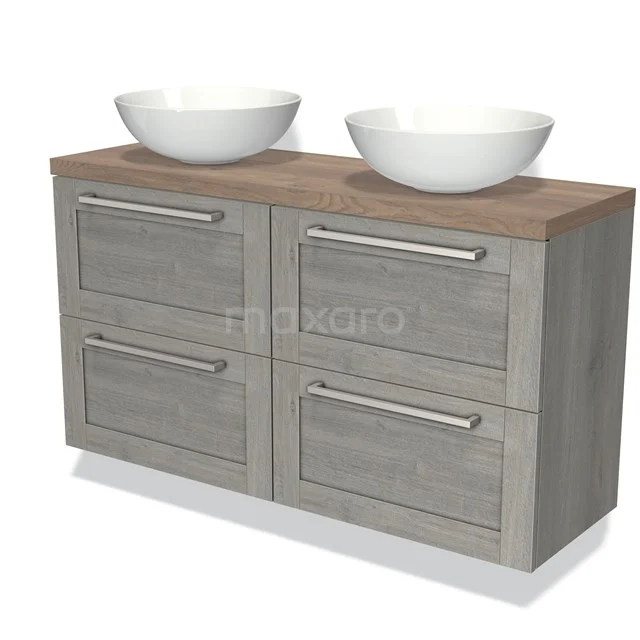 Grijze houten badkamermeubel met dubbele wastafel, modern design en softclose lades voor een stijlvolle badkamerindeling.