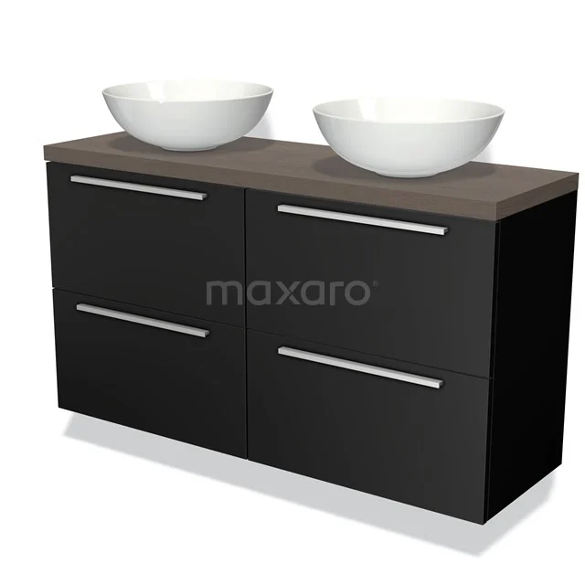 Modulo Plato Slim Vanity units for countertop basin | 120 cm Matte black Flat front Dark brown oak worktop 4 drawers BMK38-00327 Black bathroom furniture set with double white countertop wash basins, wood-look worktop and sleek metal handles for modern bathroom design.