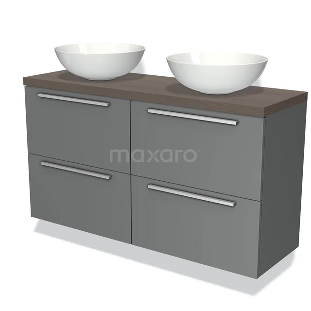 Grau Badmöbel mit doppelten Aufsatzwaschbecken, Holzlook Platte und Chromgriffen, modernes Design für jedes Badezimmer.