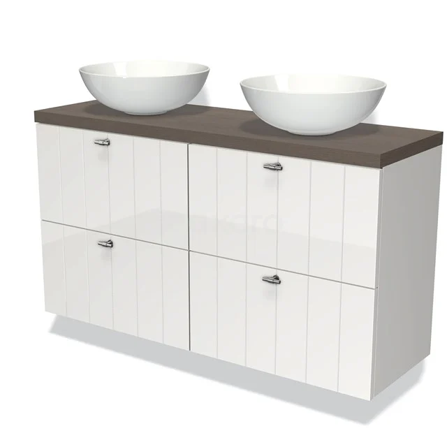 Weißes Badezimmermöbel mit vier Schubladen, doppelten keramischen Aufsatzwaschbecken und einer Holzplatte, ideal für moderne Bäder.