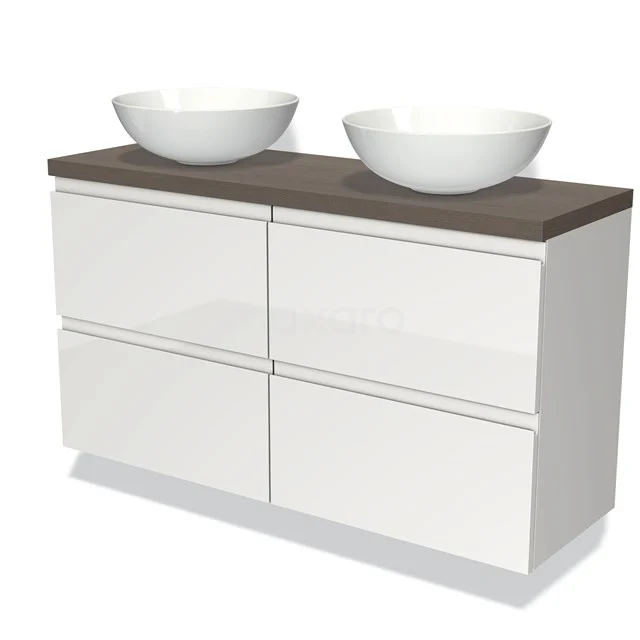 Wit glazen badkamermeubel met dubbele wastafel, houten bovenblad en moderne uitstraling voor stijlvolle badkamers.