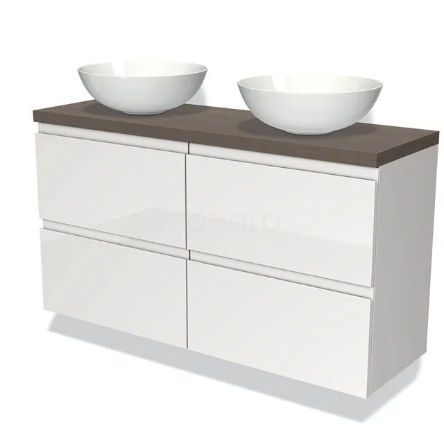 Weißes Glas-Badmöbel mit Doppelwaschbecken, Holzplatte und modernem Erscheinungsbild für stilvolle Bäder.