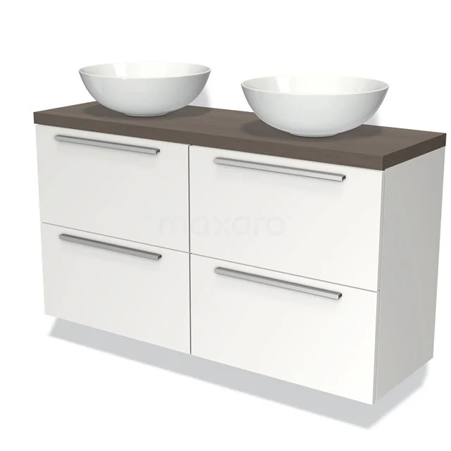 Weißes Badezimmermöbel mit doppelten keramischen Aufsatzwaschbecken, Holzlook Platte und vier Schubladen für praktischen Stauraum.