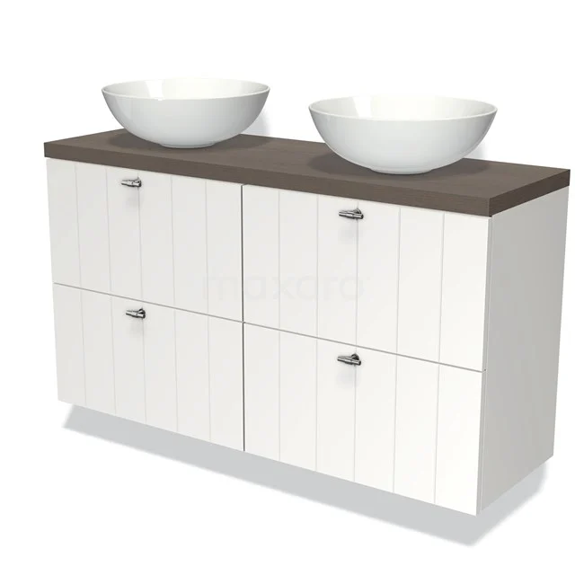 Wit houten badkamermeubel met donkerhouten blad en twee ronde wastafels, ideaal voor een moderne badkamerstijl.