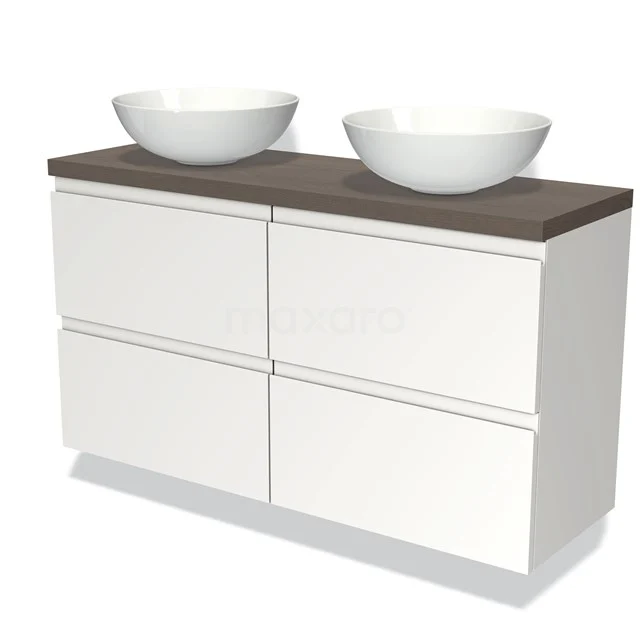 Waschtischunterschrank mit Konsole 120cm Modulo Plato Slim Matt Weiß 4 Schubladen Grifflos dunkelbraune Eiche Platte BMK38-00338 Weißes schwebendes Badmöbel mit Doppelwaschbecken und Holzlook Platte, modernes Design mit Softclose Schubladen.