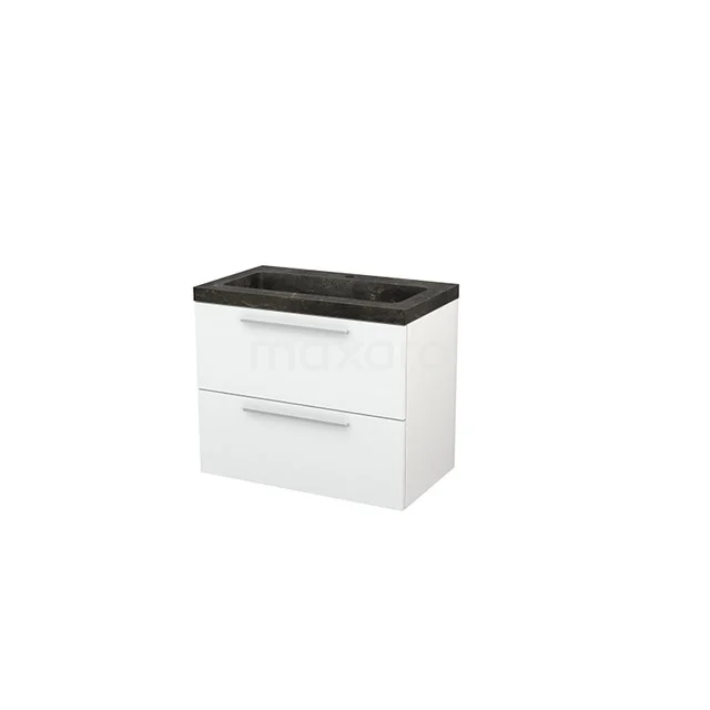 White bathroom cabinet with black basin, two drawers and modern design, ideal for stylish and practical bathroom storage.