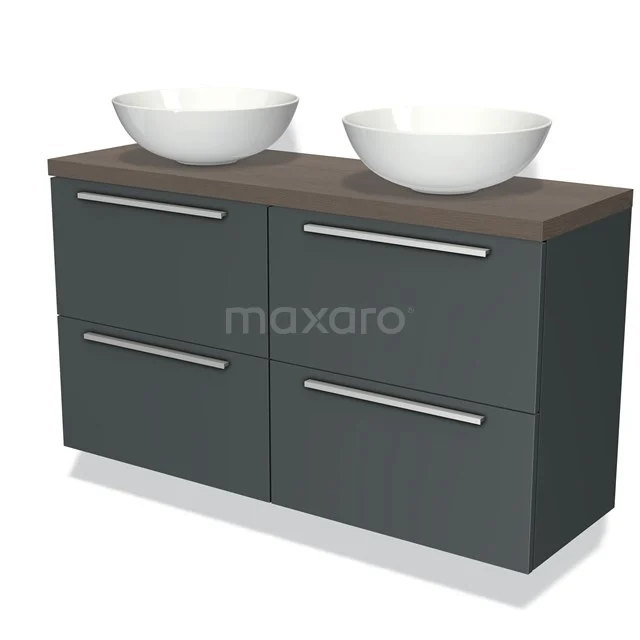 Grijze dubbele badkamermeubelset met houten blad en twee witte waskommen; stijlvol en praktisch voor moderne badkamers.