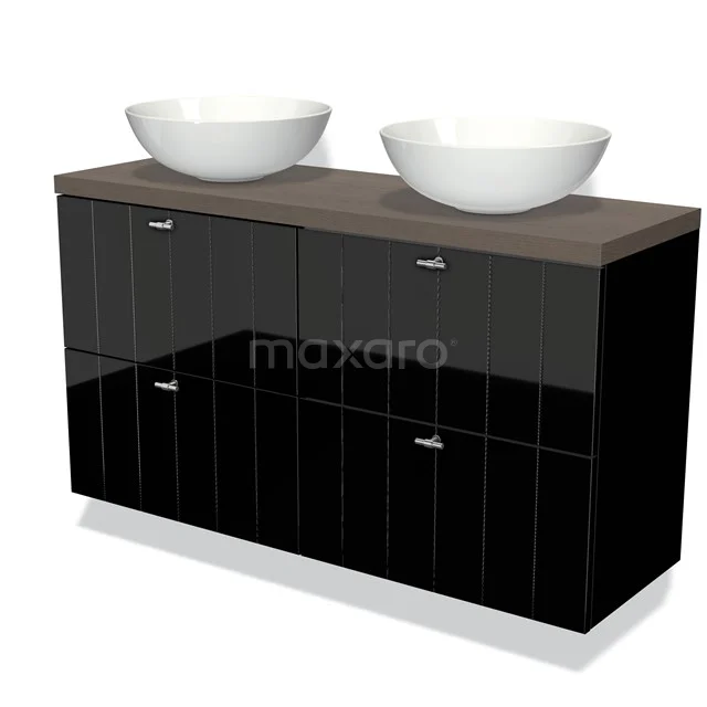Modulo Plato Slim Badmöbel mit Aufsatzwaschbecken | 120 cm Hochglanz Schwarz Lamelle front Dunkelbraune Eiche blatt 4 Schubladen BMK38-00343 Schwarze Badmöbelset mit glänzender Oberfläche, Eichenplatte und zwei weißen Aufsatzwaschbecken, modernes und stilvolles Design.