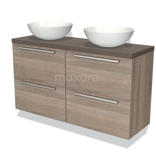 Modulo Plato Slim Badmöbel mit Aufsatzwaschbecken | 120 cm Eiche Flach front Dunkelbraune Eiche blatt 4 Schubladen BMK38-00345 Holz Badezimmermöbel mit dunkler Oberseite, vier Schubladen und zwei weißen keramischen Aufsatzwaschbecken, modernes Design.