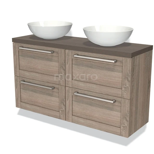 Wooden bathroom unit with double countertop wash basins, light brown oak, modern design and sleek metal handles.