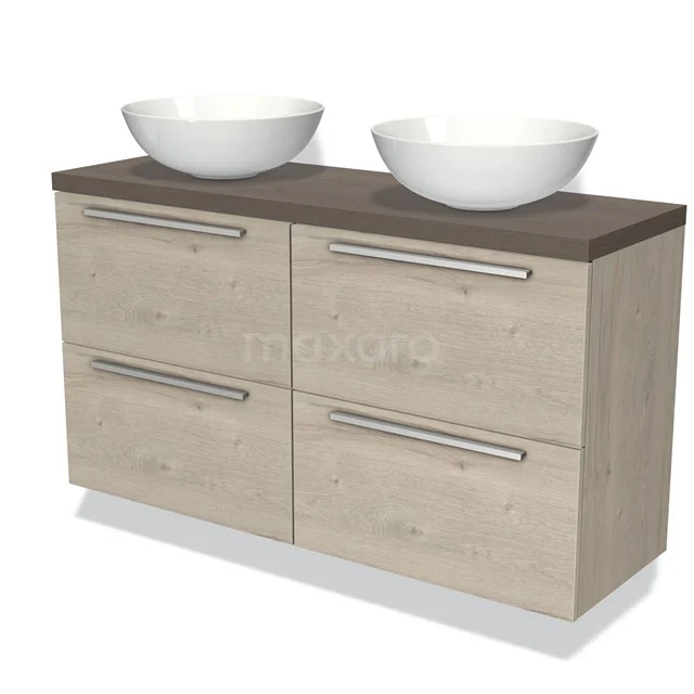 Houten badkamermeubel met twee witte waskommen, donkerhouten blad en vier ruime lades voor optimale badkameropslag.