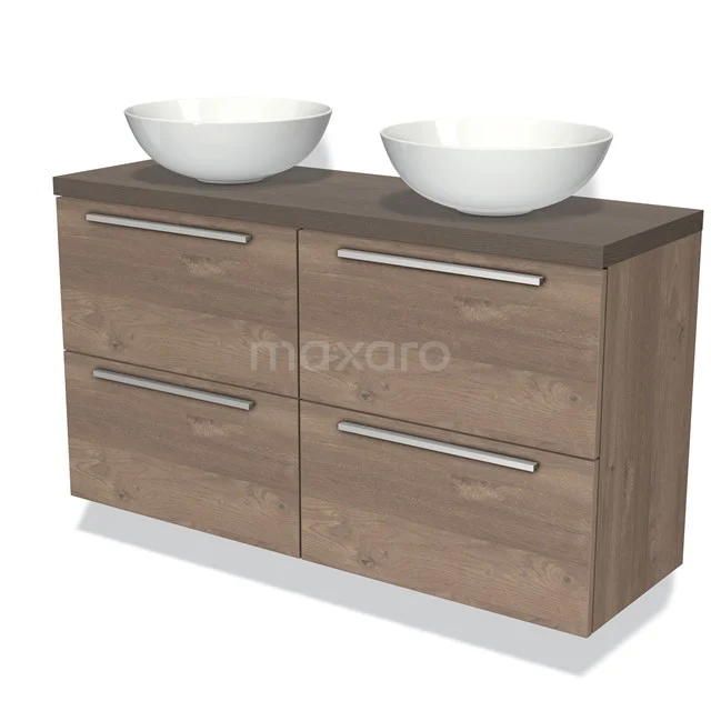 Houten badkamermeubel met dubbel wastafelblad, vier lades en witte waskommen, ideaal voor een moderne badkamerstijl.