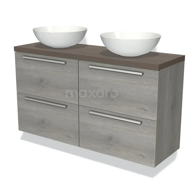 Houten badkamermeubel met een modern design, dubbele waskommen en ruime opberglades, perfect voor stijlvolle badkamerinrichting.