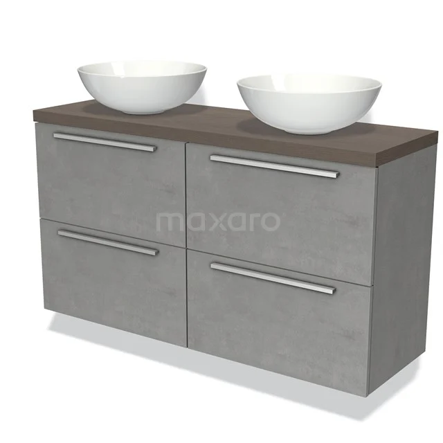 Betonlook badkamermeubel met dubbele waskom van keramiek, houten blad en vier lades met metalen grepen.