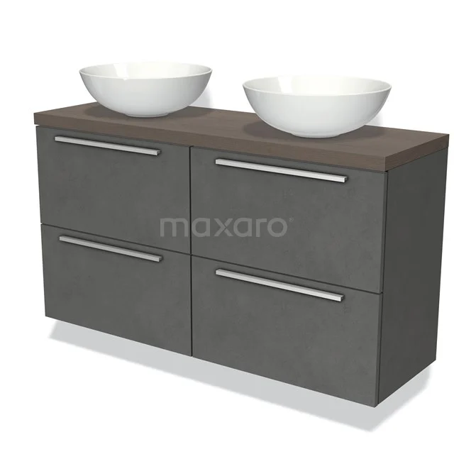Modulo Plato Slim Vanity units for countertop basin | 120 cm Dark grey concrete Flat front Dark brown oak worktop 4 drawers BMK38-00356