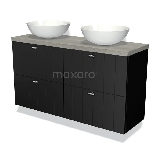 Zwarte wastafelmeubel met dubbele witte waskommen, houtlook blad en ruime opberglades; modern badkamerdesign.