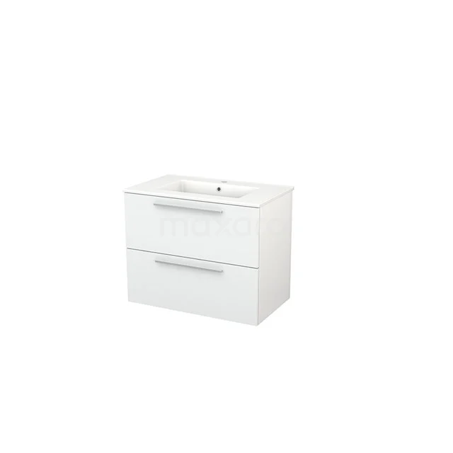 White Bathroom unit with two drawers, glossy finish and built-in vanity units with basin made of ceramic, suitable for modern bathrooms.