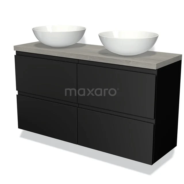 Zwarte badmeubelset met twee witte waskommen, betonlook blad en greeploze lades, ideaal voor een moderne badkamer.
