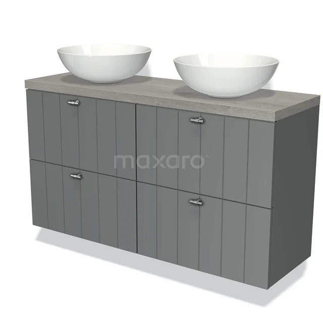 Grey wooden bathroom unit with double top washbasins, modern design, suitable storage space and stylish finish.