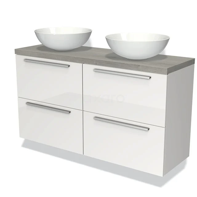 Waschtischunterschrank mit Konsole 120cm Modulo Plato Slim Hochglanz Weiß 4 Schubladen Flach Graue Eiche Platte BMK38-00363 Weißes Badezimmermöbel mit Holzplatte, doppeltem Aufsatzwaschbecken und vier Schubladen, schnörkelloses und modernes Design für stilvolles Badezimmer.